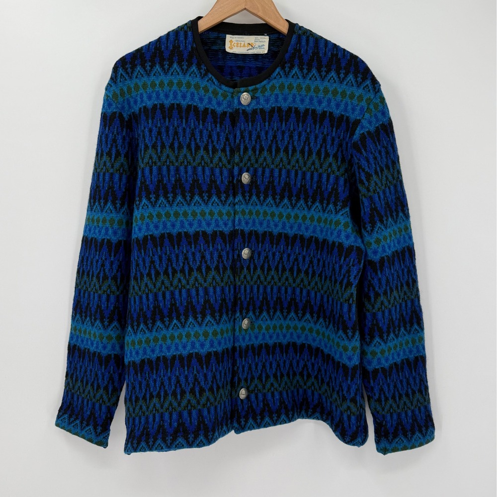 Vintage Iceland Scandinavian Lambswool Cardigan Nordic Blue Sweden Mens Medium